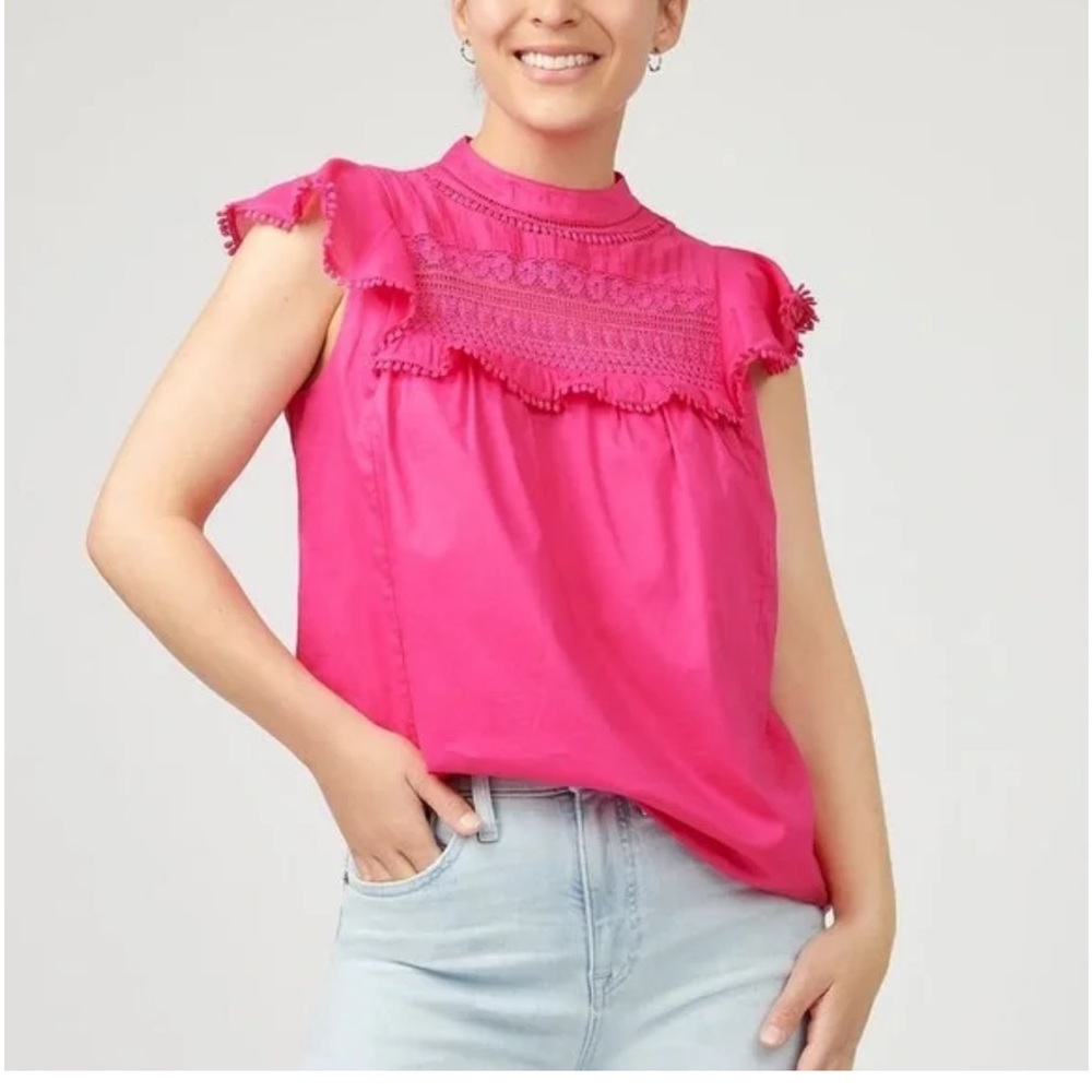 J.Crew Crochet Flutter Sleeve, Bright Pink, Lined, Cotton Top-EUC